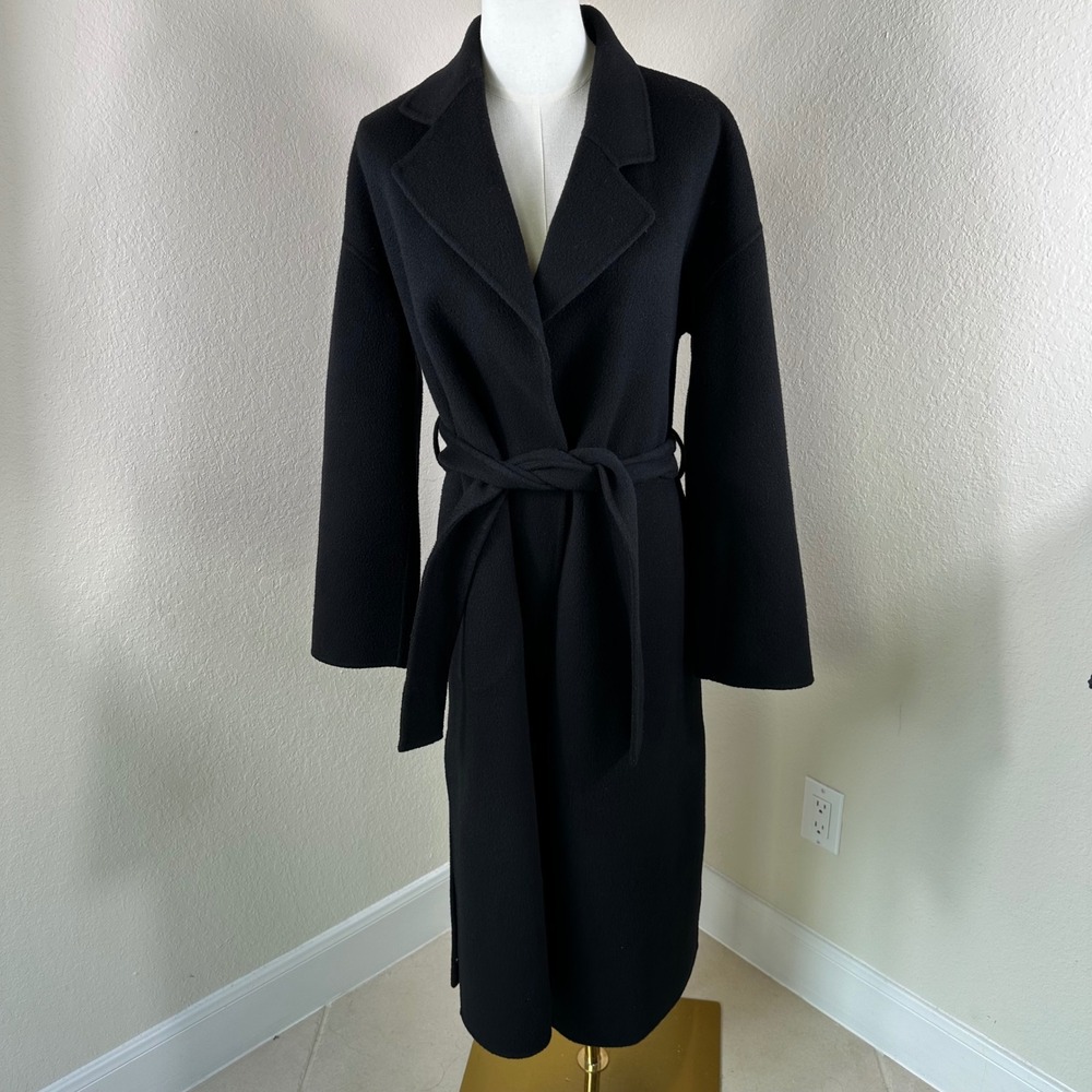 Theory Wrap Coat Women P Black Double Face Wool Cashmere Belted Robe Long Jacket